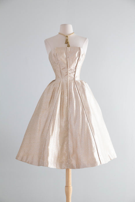 Glamorous 1950's Suzy Perette Gold Brocade Party Dress With Candy Colored Polka Dots / XS