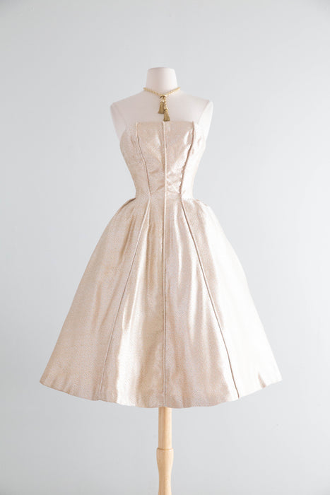 Glamorous 1950's Suzy Perette Gold Brocade Party Dress With Candy Colored Polka Dots / XS