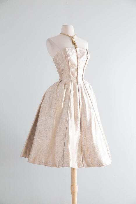 Glamorous 1950's Suzy Perette Gold Brocade Party Dress With Candy Colored Polka Dots / XS