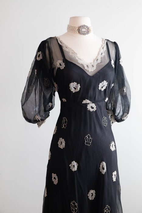 Ethereal 1930's Embroidered Sheer Black Silk Net Bias Cut Gown / S