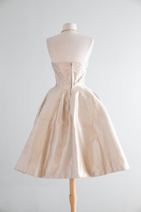 Glamorous 1950's Suzy Perette Gold Brocade Party Dress With Candy Colored Polka Dots / XS