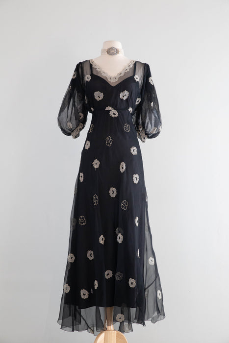 Ethereal 1930's Embroidered Sheer Black Silk Net Bias Cut Gown / S
