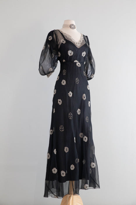 Ethereal 1930's Embroidered Sheer Black Silk Net Bias Cut Gown / S