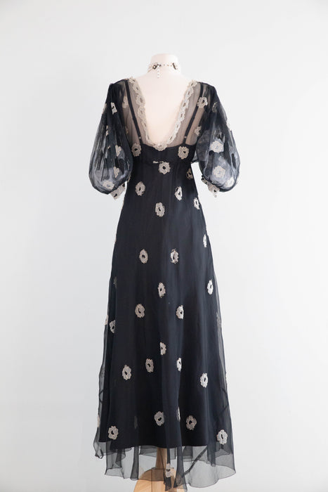 Ethereal 1930's Embroidered Sheer Black Silk Net Bias Cut Gown / S
