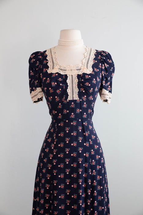 Romantic 1970's Calico Floral Prairie Dress From Pearl's Place at Bonwit Teller / S