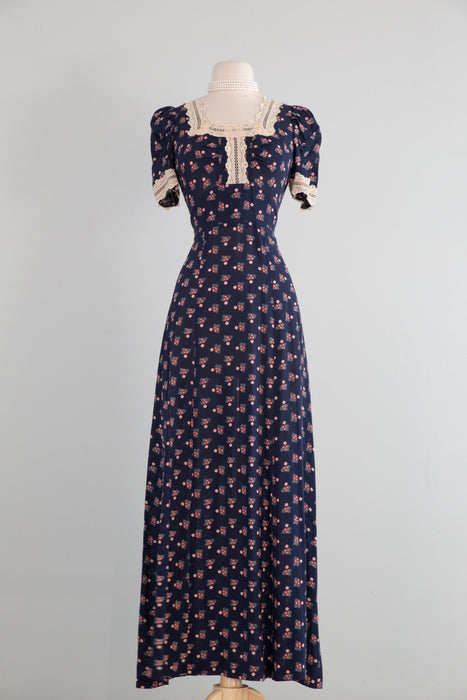 Romantic 1970's Calico Floral Prairie Dress From Pearl's Place at Bonwit Teller / S