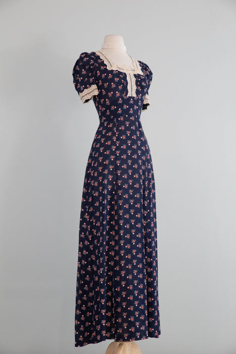 Romantic 1970's Calico Floral Prairie Dress From Pearl's Place at Bonwit Teller / S