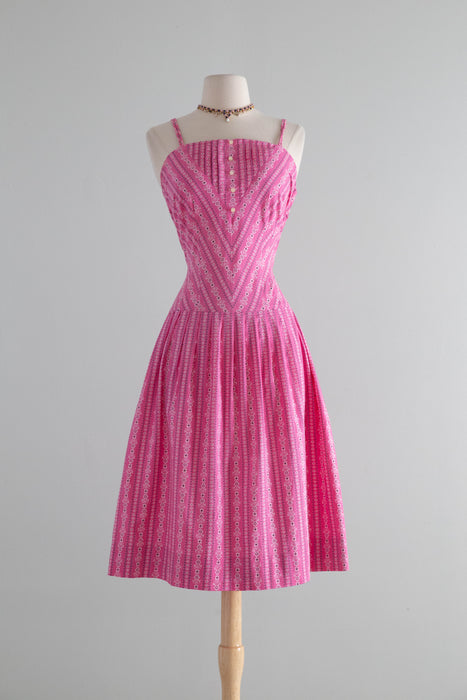 Vintage 1950's Pink Cotton Bandana Dress with Drop Waist / S