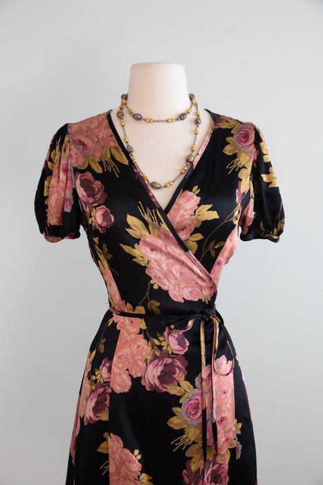 Iconic 1990's Silky Black Rose Print Mini Wrap Dress By Betsey Johnson / SM
