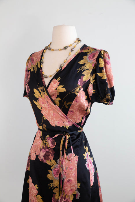 Iconic 1990's Silky Black Rose Print Mini Wrap Dress By Betsey Johnson / SM