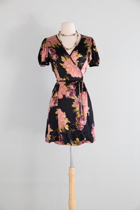 Iconic 1990's Silky Black Rose Print Mini Wrap Dress By Betsey Johnson / SM