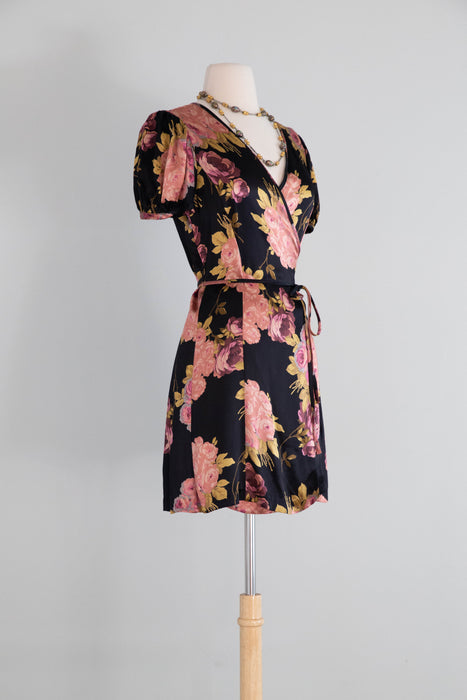 Iconic 1990's Silky Black Rose Print Mini Wrap Dress By Betsey Johnson / SM