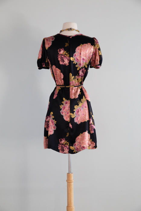 Iconic 1990's Silky Black Rose Print Mini Wrap Dress By Betsey Johnson / SM