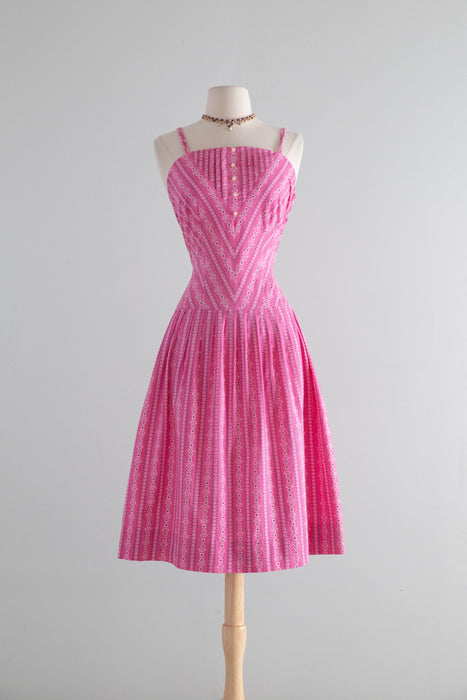 Vintage 1950's Pink Cotton Bandana Dress with Drop Waist / S