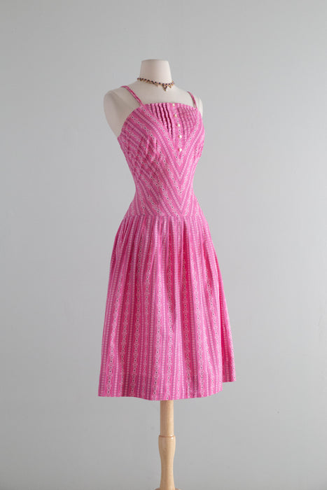 Vintage 1950's Pink Cotton Bandana Dress with Drop Waist / S