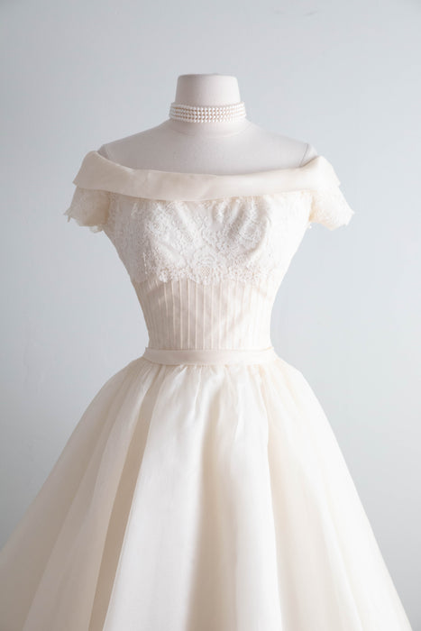 Breathtaking 1950's Ivory Silk Organza Ballet Length Wedding Dress By Marie of Pandora / S