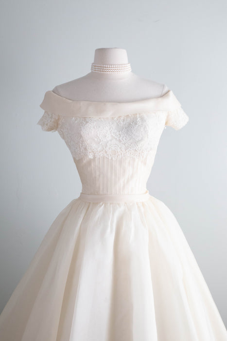 Breathtaking 1950's Ivory Silk Organza Ballet Length Wedding Dress By Marie of Pandora / S