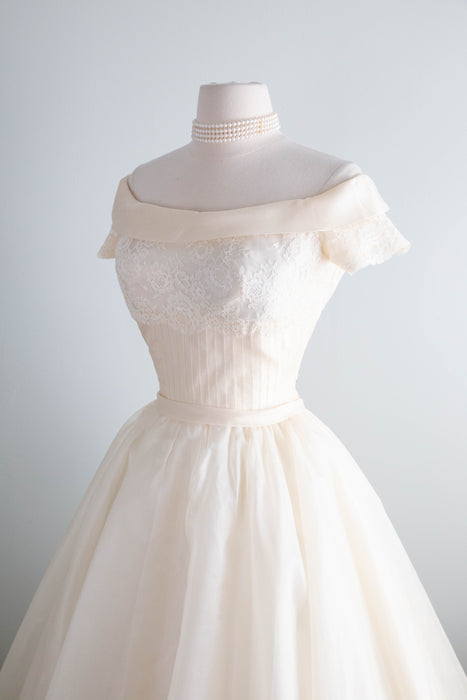 Breathtaking 1950's Ivory Silk Organza Ballet Length Wedding Dress By Marie of Pandora / S
