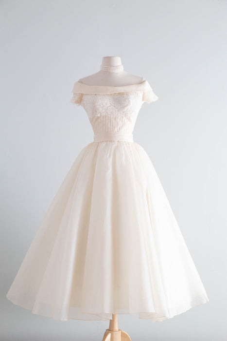 Breathtaking 1950's Ivory Silk Organza Ballet Length Wedding Dress By Marie of Pandora / S