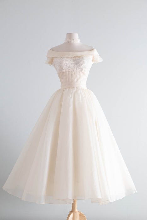 Breathtaking 1950's Ivory Silk Organza Ballet Length Wedding Dress By Marie of Pandora / S