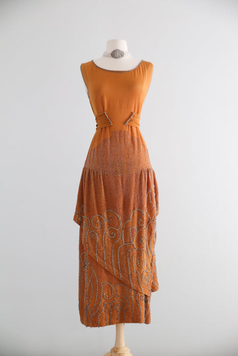 Rare 1920's Beaded French Flapper Dress in Saffron Silk By Bab / SM