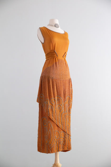Rare 1920's Beaded French Flapper Dress in Saffron Silk By Bab / SM