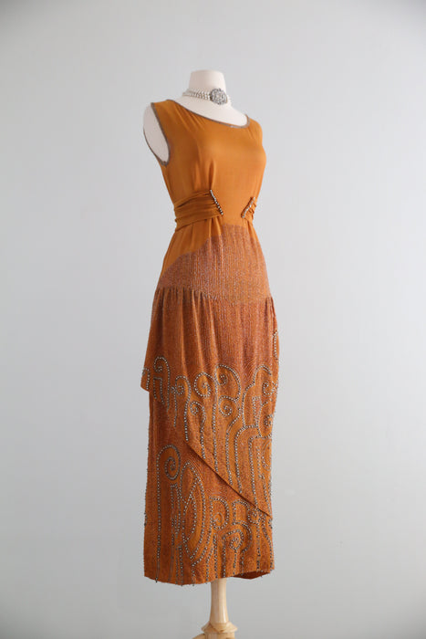 Rare 1920's Beaded French Flapper Dress in Saffron Silk By Bab / SM