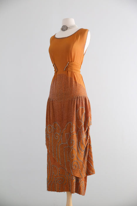 Rare 1920's Beaded French Flapper Dress in Saffron Silk By Bab / SM
