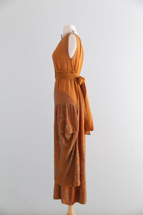 Rare 1920's Beaded French Flapper Dress in Saffron Silk By Bab / SM