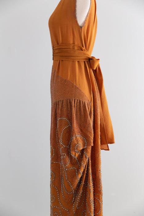 Rare 1920's Beaded French Flapper Dress in Saffron Silk By Bab / SM