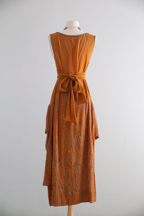 Rare 1920's Beaded French Flapper Dress in Saffron Silk By Bab / SM