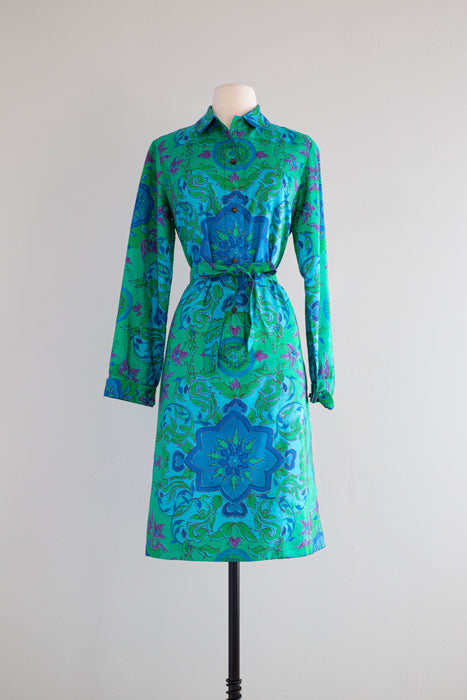 Chic 1960's Kaleidoscope Thai Silk Shirt Dress From Gumps / M