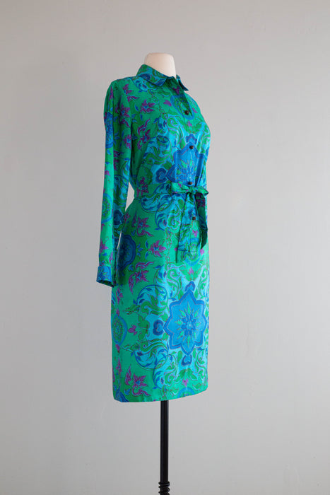 Chic 1960's Kaleidoscope Thai Silk Shirt Dress From Gumps / M