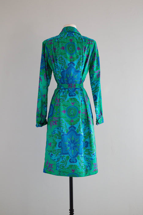 Chic 1960's Kaleidoscope Thai Silk Shirt Dress From Gumps / M