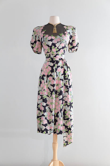 Heavenly 1940's Jean Carol Silk Bouquets & Bows Dress With Sash / M