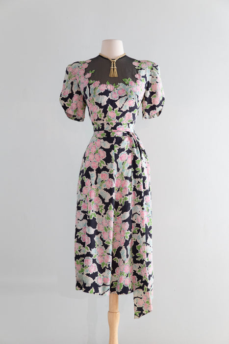 Heavenly 1940's Jean Carol Silk Bouquets & Bows Dress With Sash / M