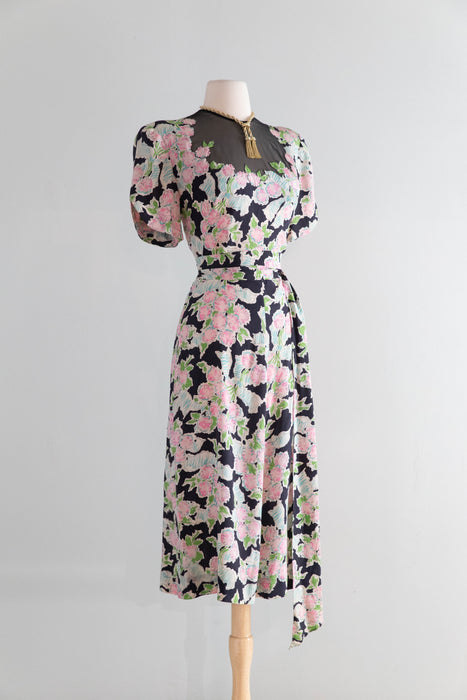 Heavenly 1940's Jean Carol Silk Bouquets & Bows Dress With Sash / M