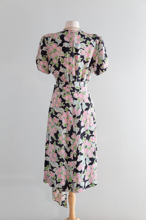 Heavenly 1940's Jean Carol Silk Bouquets & Bows Dress With Sash / M
