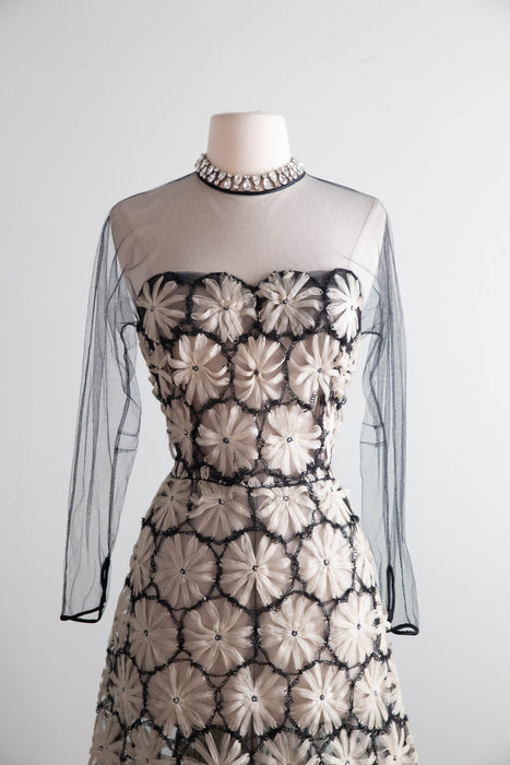 Extraordinary 1950's Couture Cocktail Dress With Embroidered Floral Patterns / SM