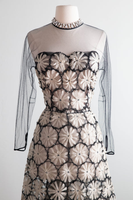 Extraordinary 1950's Couture Cocktail Dress With Embroidered Floral Patterns / SM