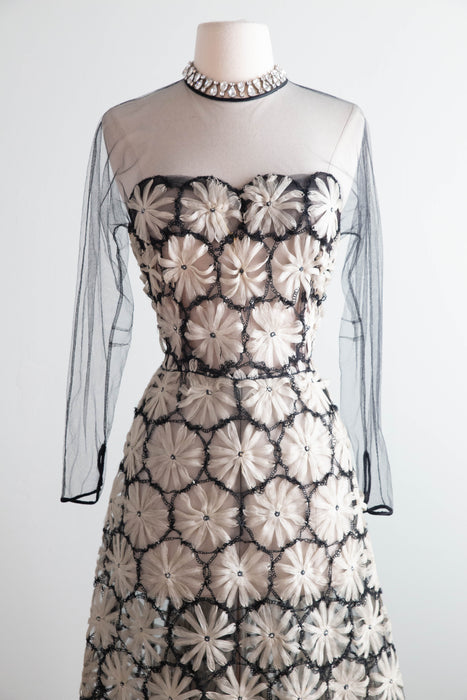 Extraordinary 1950's Couture Cocktail Dress With Embroidered Floral Patterns / SM