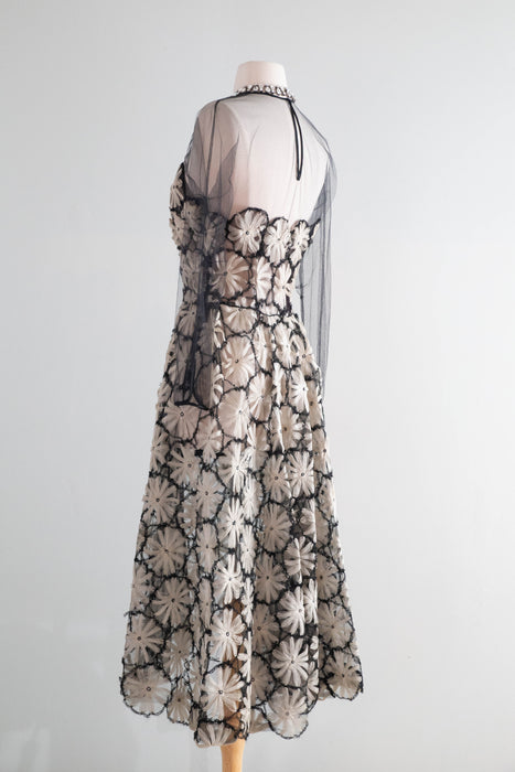 Extraordinary 1950's Couture Cocktail Dress With Embroidered Floral Patterns / SM