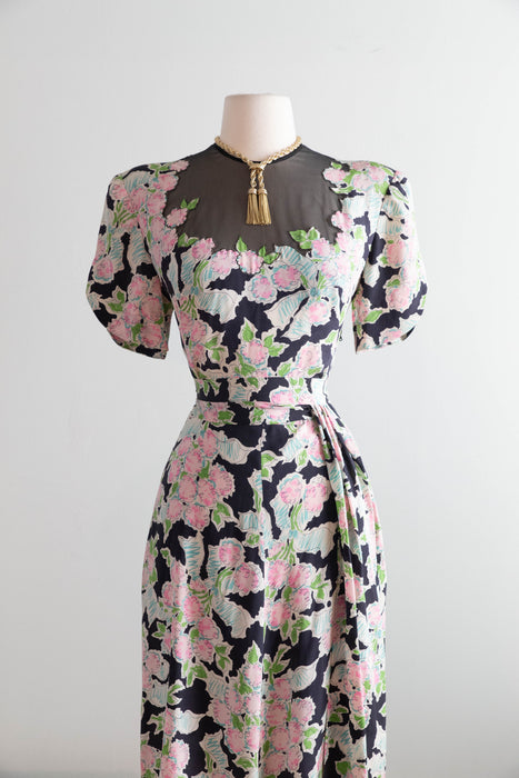Heavenly 1940's Jean Carol Silk Bouquets & Bows Dress With Sash / M