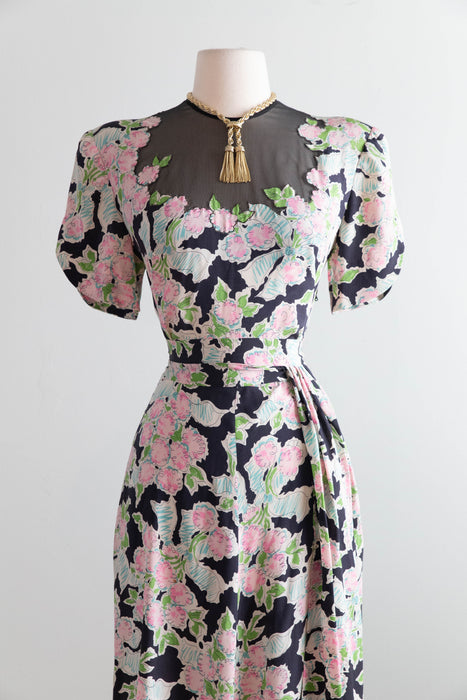 Heavenly 1940's Jean Carol Silk Bouquets & Bows Dress With Sash / M