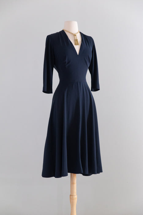 Impeccable 1950's Traina-Norell Navy Blue Silk Dress / M
