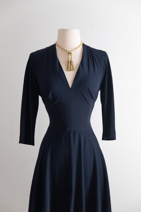 Impeccable 1950's Traina-Norell Navy Blue Silk Dress / M