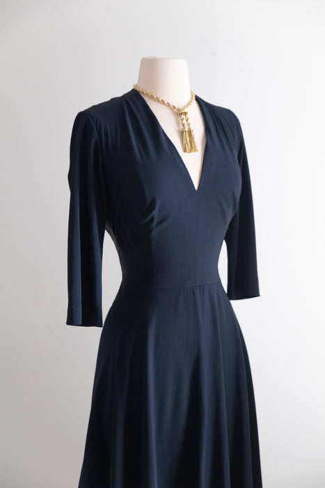 Impeccable 1950's Traina-Norell Navy Blue Silk Dress / M