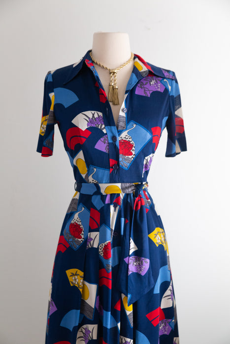 Chic 1970's Hanae Mori Fan Print Jersey Day Dress / XS
