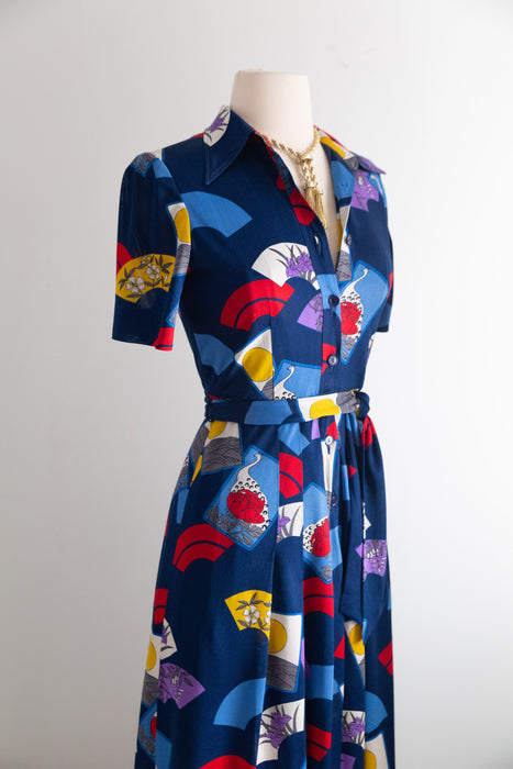 Chic 1970's Hanae Mori Fan Print Jersey Day Dress / XS