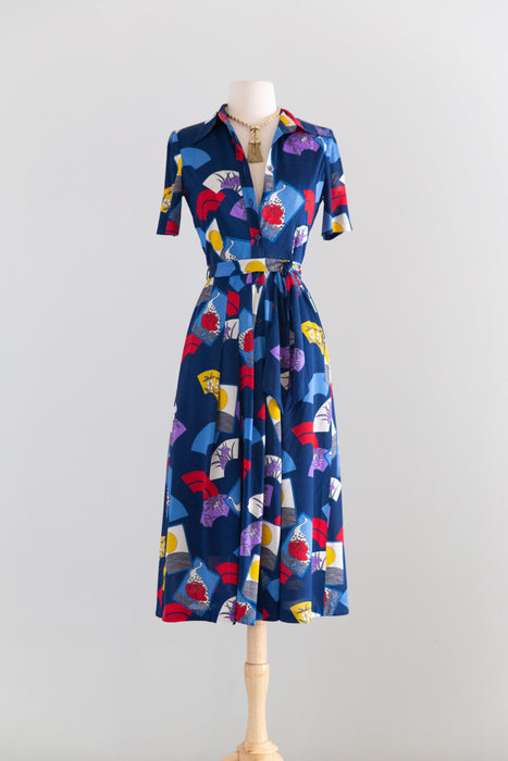 Chic 1970's Hanae Mori Fan Print Jersey Day Dress / XS